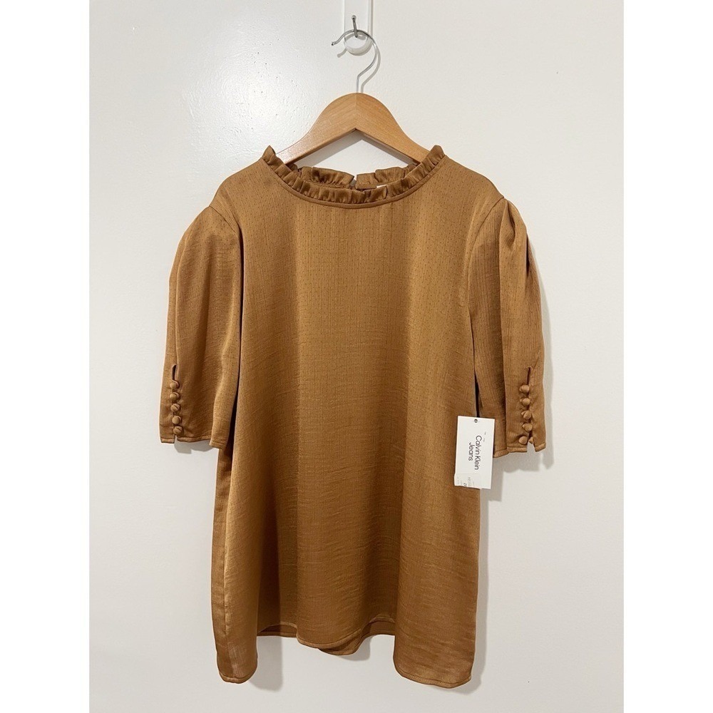 Calvin Klein Jeans Brown Ruffle Mock Neck Puff Sleeve Dotted Blouse NWT Medium